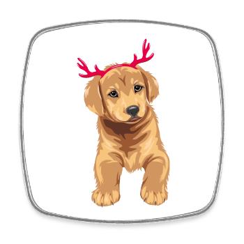 Cute Retriever puppy dog with Christmas deer horns - Square fridge magnet - white - Front