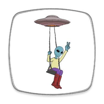 Außerirdischer schwingt mit UFO und Peace-Zeichen - Viereckiger Kühlschrankmagnet - Weiß - Vorne