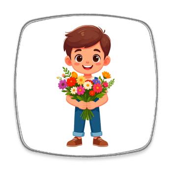 Comic-Junge mit buntem Blumenstrauß – Geschenk - Viereckiger Kühlschrankmagnet - Weiß - Vorne