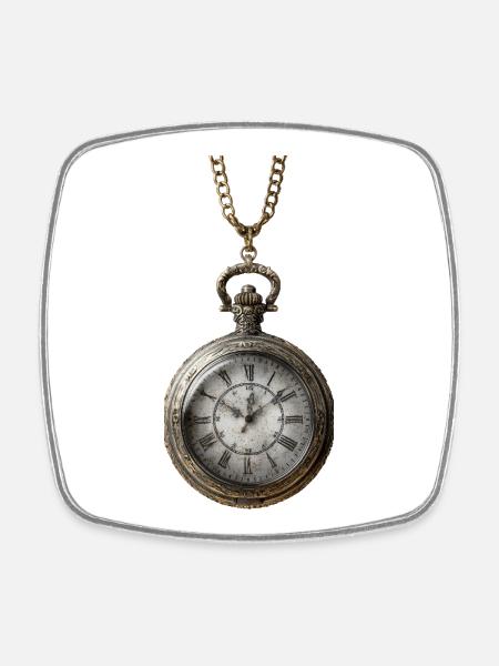 Antique gilded clock on chain - Square fridge magnet - white