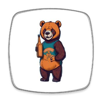 Bear with beer bottle boozing drinking beer - Square fridge magnet - white - Front