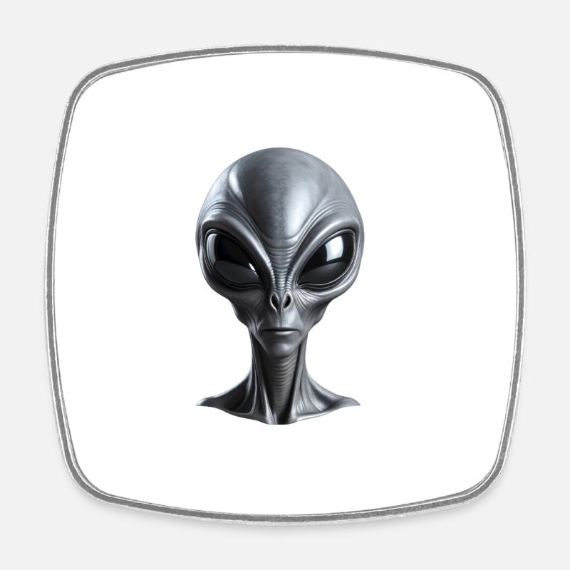 Real Grey Alien with big black eyes - Square fridge magnet - white
