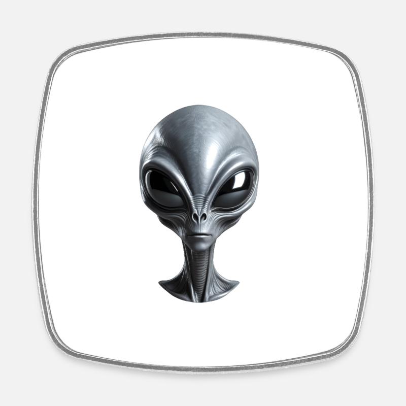 Real Small Grey Alien with Big Black Eyes - Square fridge magnet - white