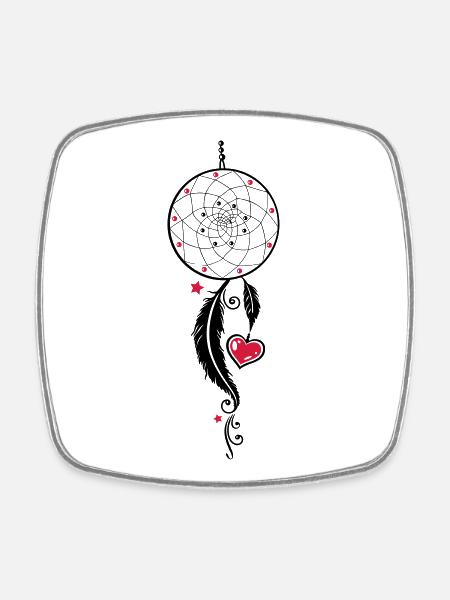 Dreamcatcher, coeur et aux plumes, style girlie - Magnet carré - blanc