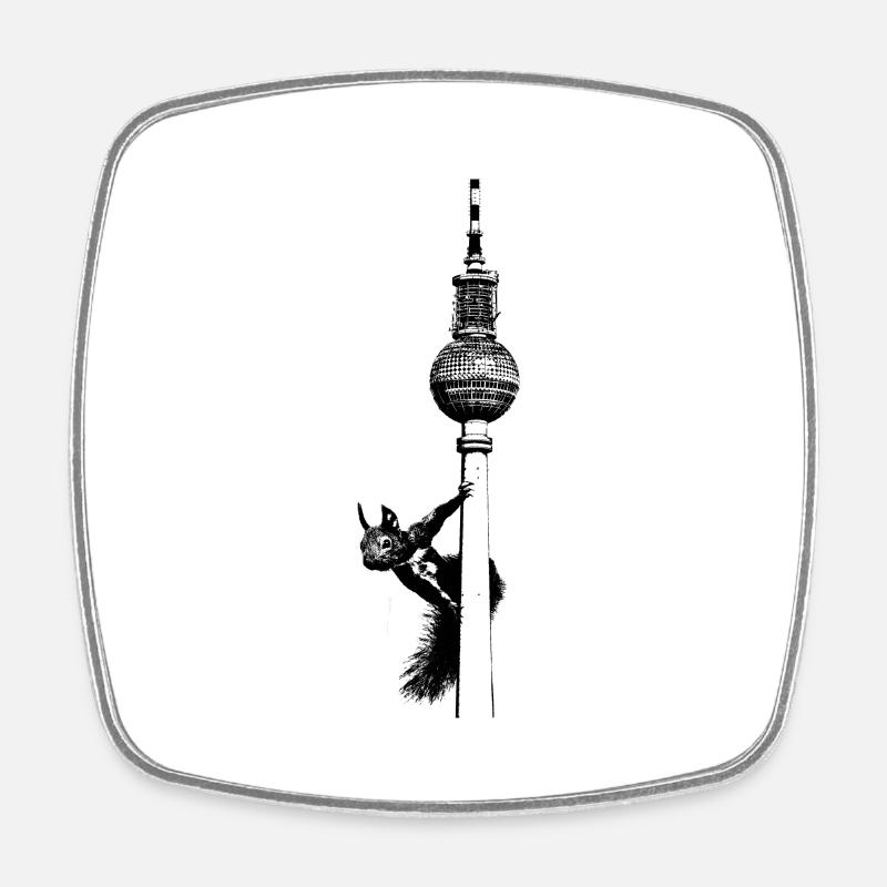 TV Tower Berlin with Squirrel / Graphic - Square fridge magnet - white