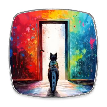 A cat in front of a glass door - Square fridge magnet - white - Front