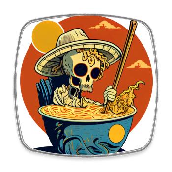 Cool skeleton sitting in ramen noodle soup - Square fridge magnet - white - Front