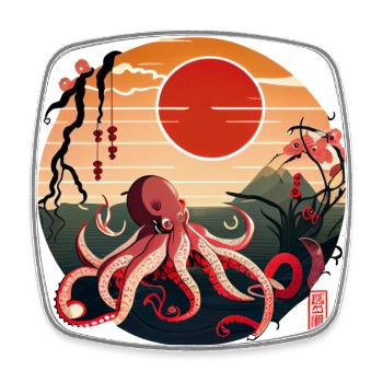 Japanese Art, Octopus in the Sea with Waves Comic - Square fridge magnet - white - Front