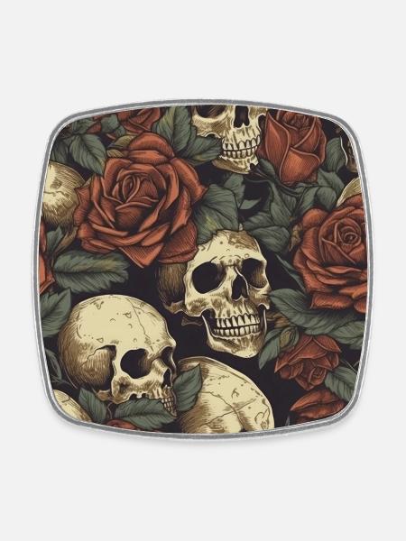Skulls and Roses pattern - Square fridge magnet - white