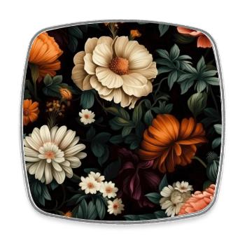 Dutch Nocturne: Luminous Floral Pastoral on black - Square fridge magnet - white - Front