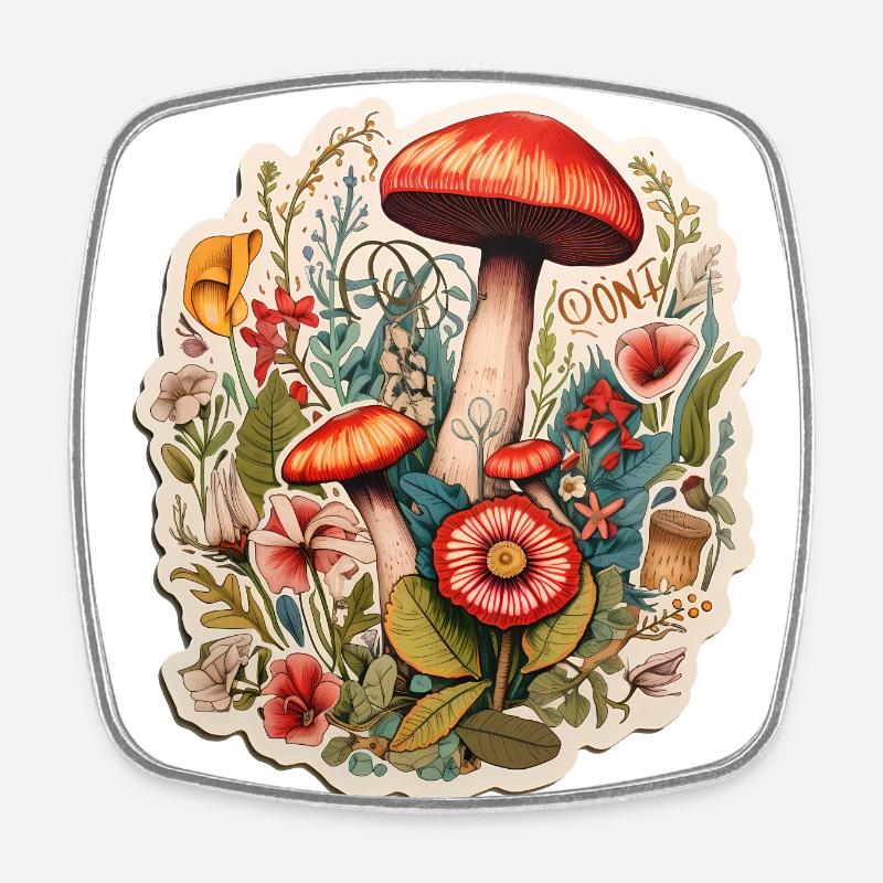 Boho Kunst mit Pilzen und Blumen - Viereckiger Kühlschrankmagnet - Weiß