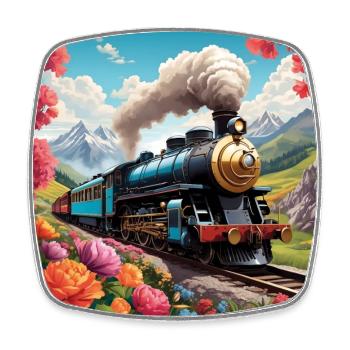 Farbenfrohe Dampflokomotive mit Eisenbahnzug - Viereckiger Kühlschrankmagnet - Weiß - Vorne