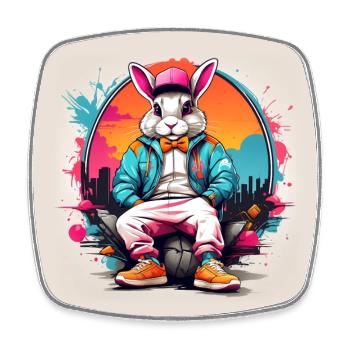 Cooler Hase Streetwear Hoodie Basecap Farbkleckse - Viereckiger Kühlschrankmagnet - Weiß - Vorne