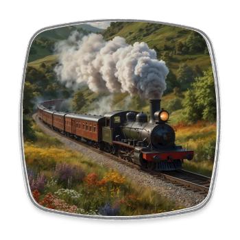 Nostalgic smoking steam locomotive with wagons - Square fridge magnet - white - Front