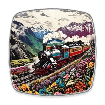 Colorful nostalgic locomotive with wagons - Square fridge magnet - white - Front
