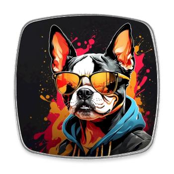Boston Terrier Bostie mit Sonnenbrille - Viereckiger Kühlschrankmagnet - Weiß - Vorne