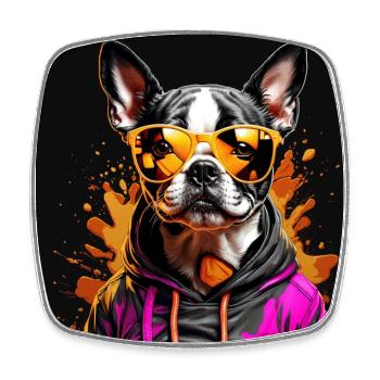 Boston Terrier Bostie mit Sonnenbrille - Viereckiger Kühlschrankmagnet - Weiß - Vorne