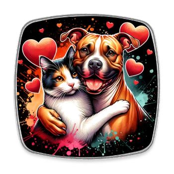 Staffordshire Terrier et chat Love Friendship - Magnet carré - blanc - Devant