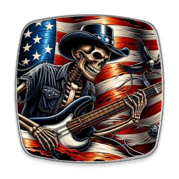 Skelett Skull mit Bassgitarre und US Flagge - Viereckiger Kühlschrankmagnet - Weiß - Vorne