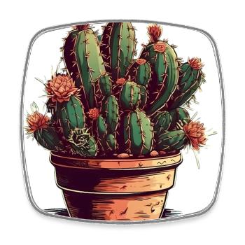 Petit cactus vert dans un pot de fleurs avec des fleurs - Magnet carré - blanc - Devant