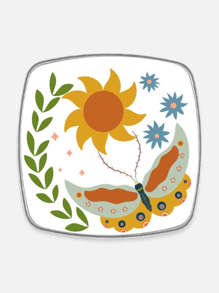 Schmetterling mit Sonnenblumen - Viereckiger Kühlschrankmagnet - Weiß
