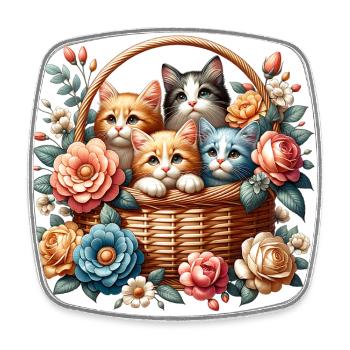 many cute kittens in basket with flowers - Square fridge magnet - white - Front