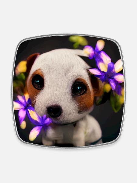 petit Jack Russell mignon avec des fleurs - Magnet carré - blanc