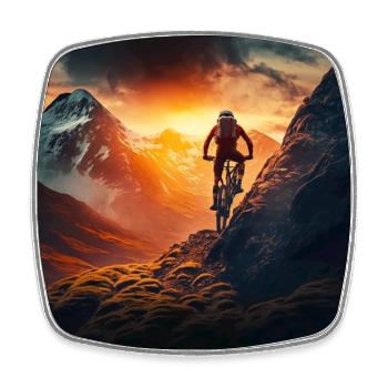 Cyclistes VTT au coucher du soleil en descente - Magnet carré - blanc - Devant