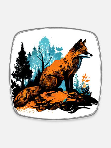 Aquarelle de renard cool dans la forêt - Street Art - Magnet carré - blanc