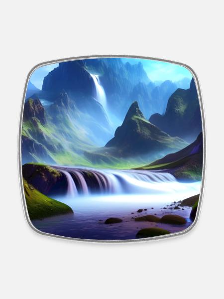 Waterfall and Berge_01 - Square fridge magnet - white