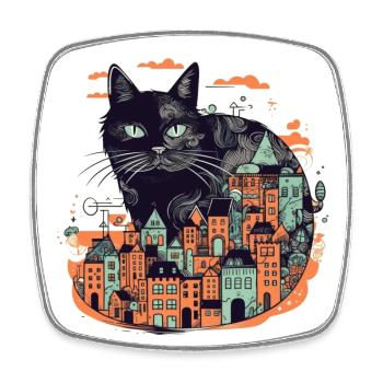 Schwarze Katze die vor einer bunten Stadt sitzt - Viereckiger Kühlschrankmagnet - Weiß - Vorne