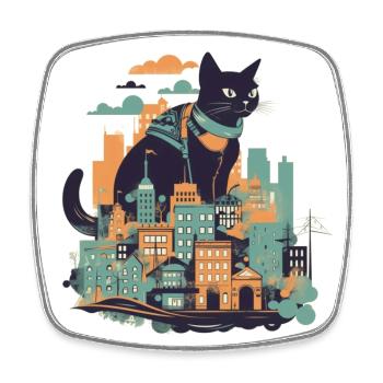 Chat noir assis devant une ville colorée - Magnet carré - blanc - Devant