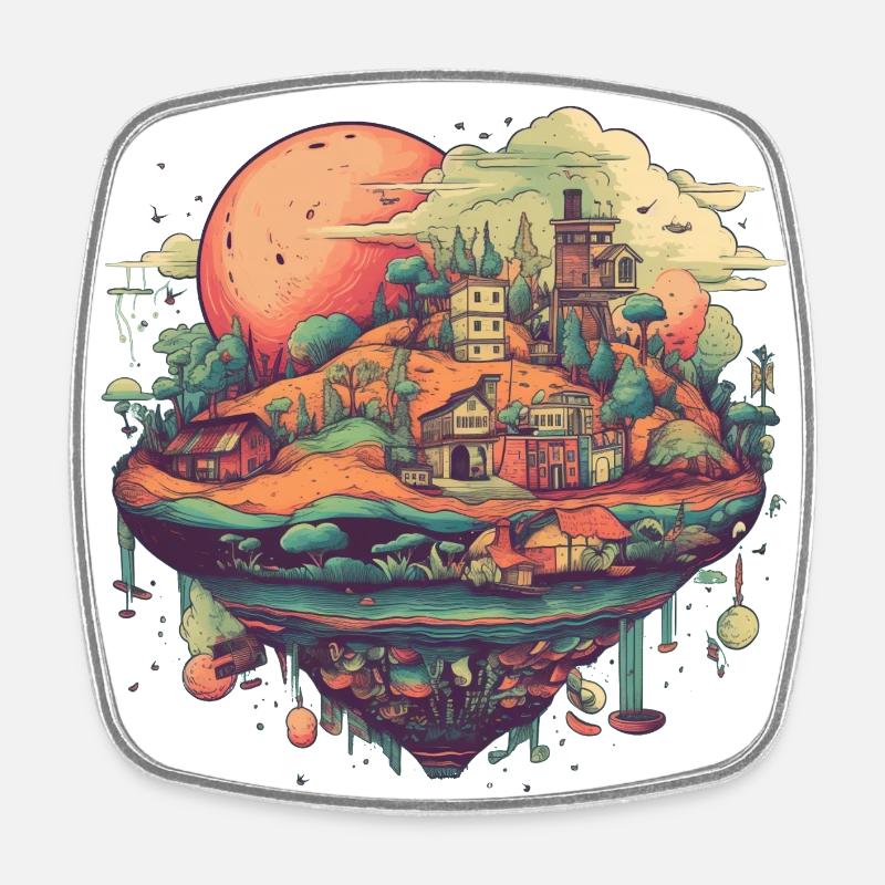 Surrealistic flying village in colorful - Square fridge magnet - white