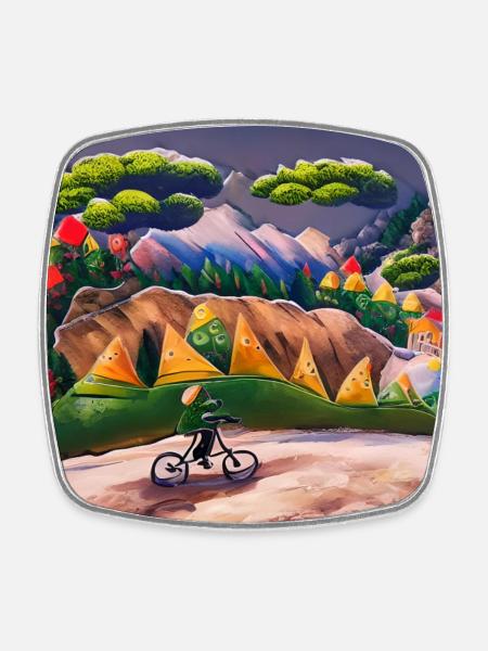 childhood with bicycle in mountains during summer - Square fridge magnet - white