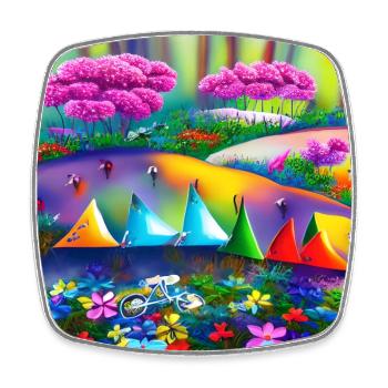 childhood with bicycle in spring mountains - Square fridge magnet - white - Front