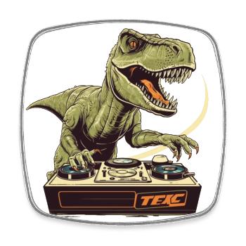 Cooler T-Rex DJ mit Mischpult und Loopstation - Viereckiger Kühlschrankmagnet - Weiß - Vorne
