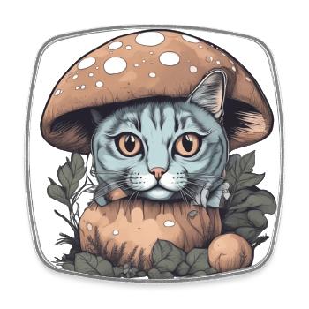 Cat Basking in Sunlight Under a Mushroom - Square fridge magnet - white - Front