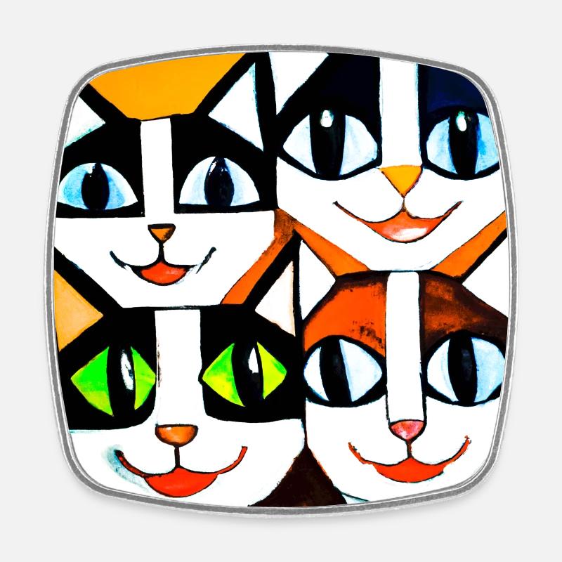Funny geometric cat face with big eyes - Square fridge magnet - white
