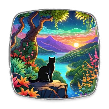 Katze in einer verspielt bunten Landschaft - Viereckiger Kühlschrankmagnet - Weiß - Vorne