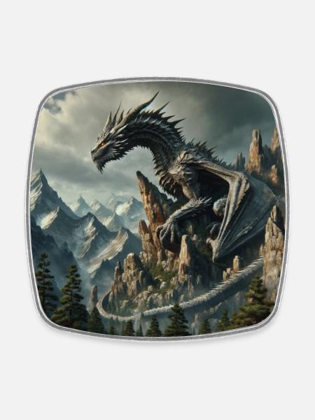 Majestic dragon in magical mountain landscape - Square fridge magnet - white