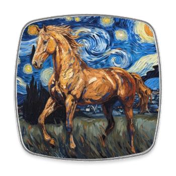 Cheval, Animal, Van Gogh, Nuit Étoilée - Magnet carré - blanc - Devant