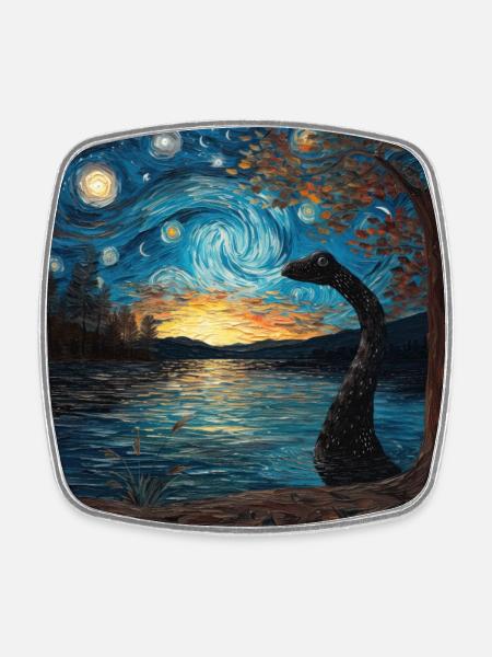 Loch Ness Monster, Nessie, Van Gogh, Starry Night - Square fridge magnet - white