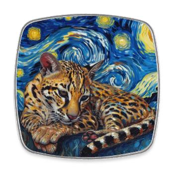 Ocelot, Lynx, Van Gogh, Starry Night - Square fridge magnet - white - Front