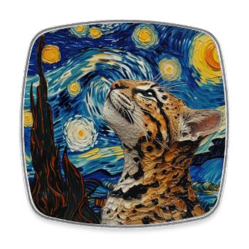 Ocelot, Lynx, Van Gogh, Starry Night - Square fridge magnet - white - Front