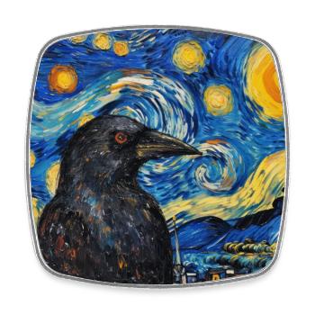 Raven, Bird, Van Gogh, Starry Night - Square fridge magnet - white - Front