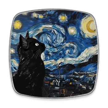 Black Cat, Cat, Van Gogh, Starry Night - Square fridge magnet - white - Front