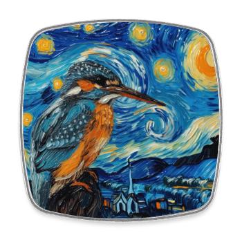Kingfisher, Bird, Animal, Van Gogh, Starry Night - Square fridge magnet - white - Front