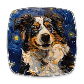 Australian Shepherd, dog, van gogh, starry night - Square fridge magnet - white - Front