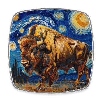 Bison, Buffalo, Animal, Van Gogh, Starry Night - Square fridge magnet - white - Front