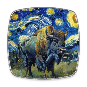 Bison, Buffalo, Animal, Van Gogh, Starry Night - Square fridge magnet - white - Front
